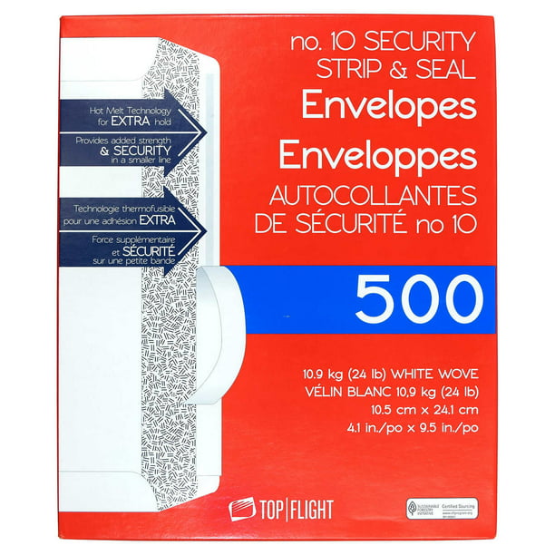 Strip & Seal Security Tinted White Paper 24 lb. Top Flight PSTF10NWT #10 Envelopes 500 Count 2 Pack of